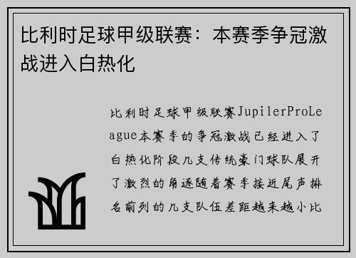 比利时足球甲级联赛：本赛季争冠激战进入白热化