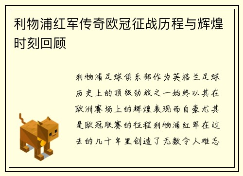 利物浦红军传奇欧冠征战历程与辉煌时刻回顾