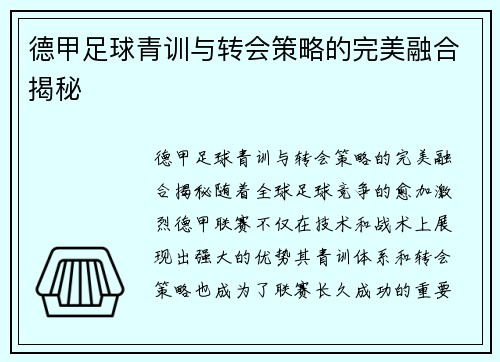 德甲足球青训与转会策略的完美融合揭秘